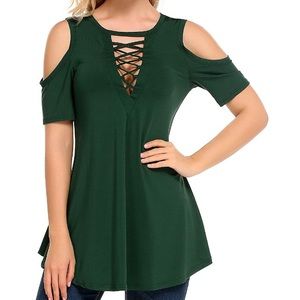 Green cold shoulder lace up deep V tunic top